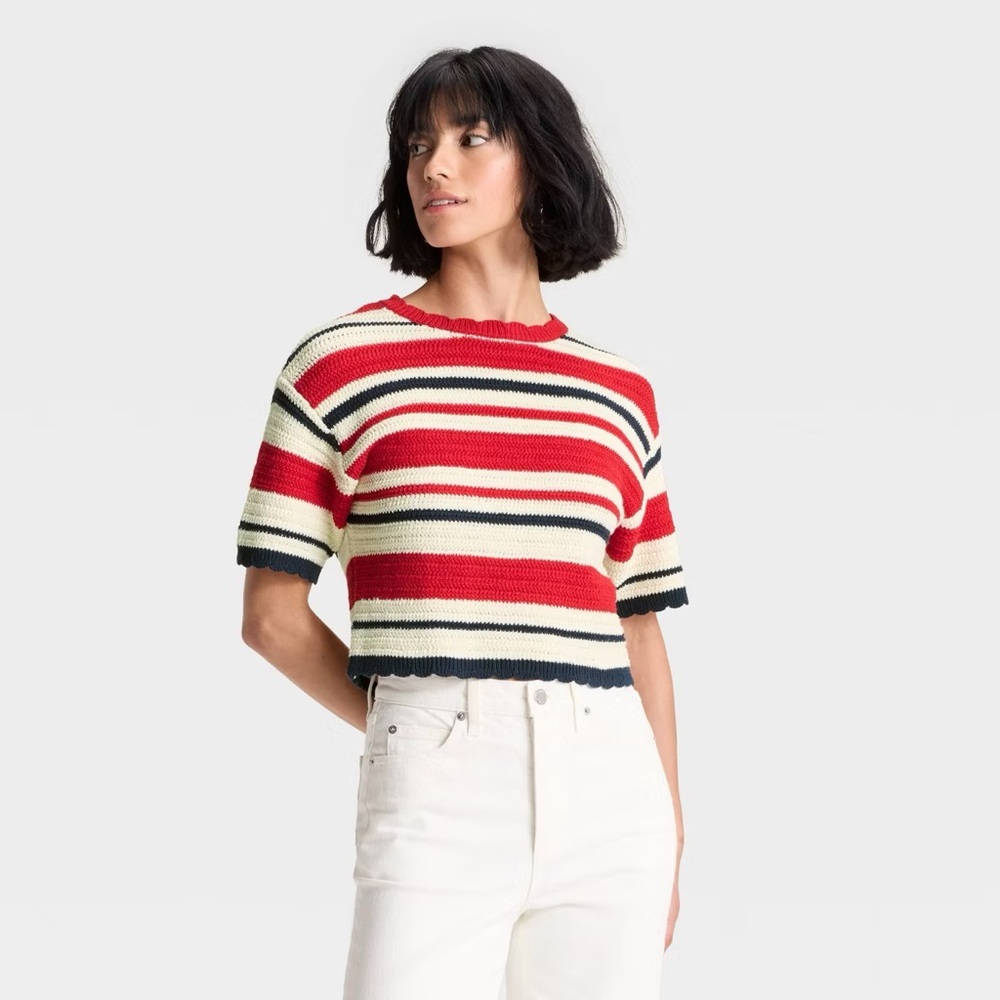 Universal Thread Women's Crewneck Knit Pullover Sweater Red/Navy/Cream Striped - Picture 1 of 6